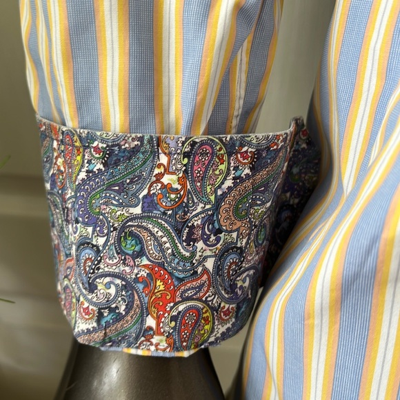 #56. Robert Graham Blue & Yellow Striped Dress Shirt • 16 1/2 - Picture 12 of 16
